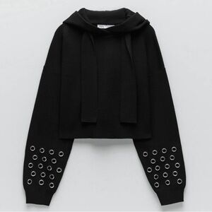 Zara Black Knit Cropped Silver Grommet Sleeve Hoodie